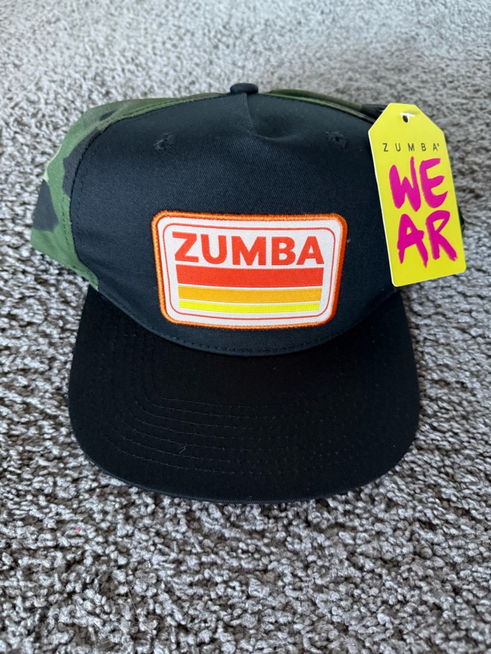 Zumba Fitness Black Camo Trucker Hat with Orange & Yellow Logo
